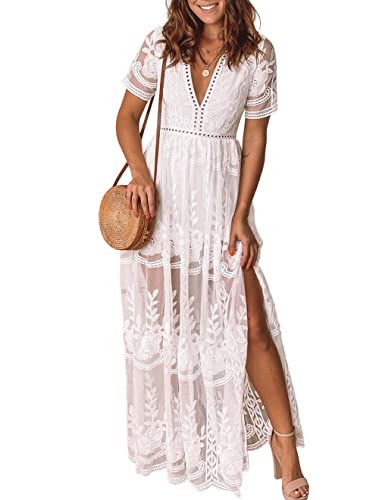 Eleter Women's Lace Romper Dress V Neck Split Boho Beach Wedding Guest Bridesmaid Dress Bohemian Flowy Long Maxi Dress(XL,White)