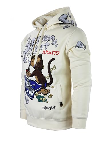 SCREENSHOT-H1171 Mens Urban Hip Hop Premium Streetwear Fleece Hoodie - Smoke Pipe Cartoon Character Monkey Embroidery Patch Pullover Sweatshirt-Antique/Cream-Medium