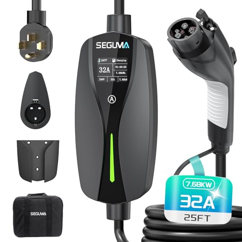 Level 2 EV Charger(32A, 240V, NEMA 14-50 Plug), Portable SAE Electric Car Charger with 25ft EV Charger Extension Cord, Adjustable Current, Home Outdoor Level 2 Mobile Electric Vehicle Charging Station