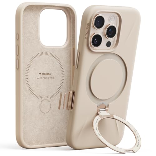 TORRAS Liquid Silicone for iPhone 16 Pro Case with 360 Spin Magnetic Ring Stand with Camera Control, Fit for MagSafe, OStand Q3 Silicone Non-Slip Protective Case for iPhone 16 Pro, Dune Beige