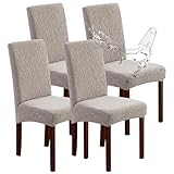 Genina Waterproof Chair Covers for Dining Room Set of 4, Dining Room Chair Covers Protectors Stretch Kitchen Parson Chair Slipcovers(Leaves-Warm Gray, 4 PCS)