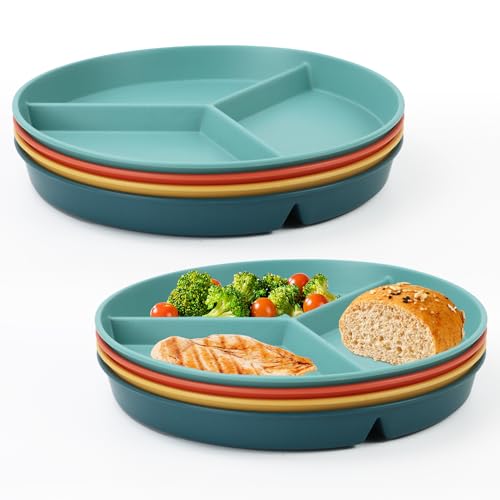 BUSOKIP 9.5 Inch Divided Plates Portion Control Plates 8 Pcs, Wheat Straw Dinner Plates, Microwave & Dishwasher Safe Bariatric Plate for Portion Control (Multicolor)