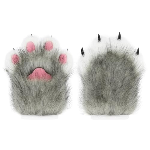 hbbhml Faux Fur Plush Furry Cat Claw Gloves Fursuit Animal Fox Paws Mittens Halloween Cosplay Costume Accessories for Adult