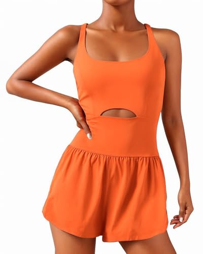 Wenlia Workout Jumpsuit Romper for women Sleeveless Seamless Tops and Shorts One Piece Onsie for Athletic Sport Yoga Summer Activewear, Orange