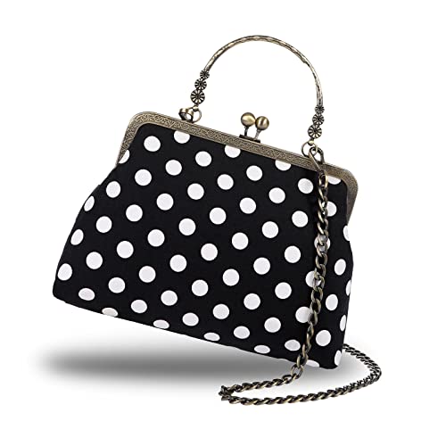 Floral Top-Handle Handbag, Kiss Lock Evening Bag for Women, Vintage Purse with Chain, Women's Retro Clutch Bag for Party （White-polka-dot）