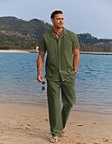 COOFANDY Mens Linen Suits Sets Beach Button Down Shirts Outfit Drawstring Long Pants