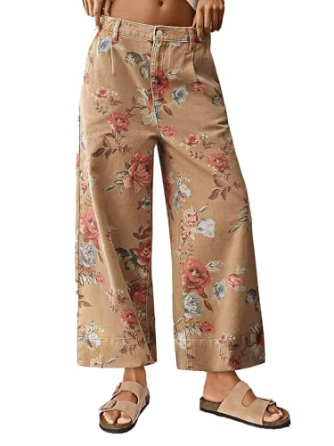 Flamingals Wide Leg Cropped Jeans for Women Trendy Mid Rise Floral Print Boho Casual Denim Ankle Pants Khaki M