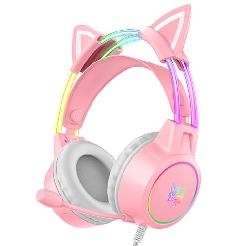 ONITOON Lightweight Gaming Headset with Detachable Cat Ears, RGB Lighting, Wired Over Ear Headphones with Mic for PC, PS4, PS5, Xbox, Switch, Stereo Surround Sound, Self-Adjusting Headband