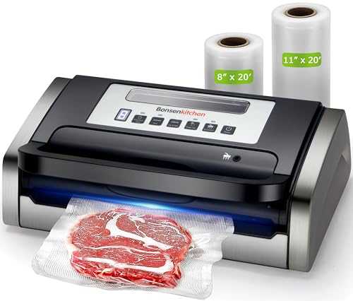Bonsenkitchen Vacuum Sealer Machine, Globefish Technology for Perfect Vacuum Sealing, Powerful Low-Noise Food Vacuum Sealer with Easy Handle Design, Built-in Cutter and Bag Storage, 2 Bag Rolls
