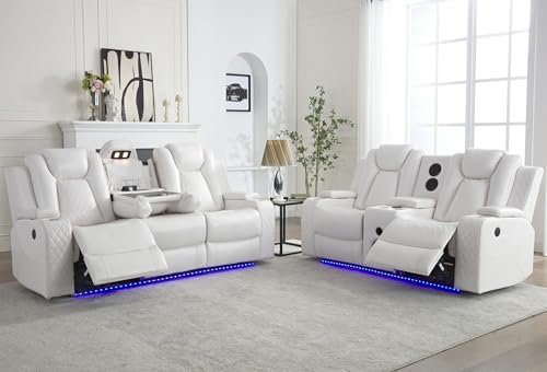 Power Recliner Sofa Set with Bass Speaker for Living Room,Faux Leather 3 Seater Reclining Sofa and Loveseat Seating Couch w/ Wireless Charger,Reading Light,LED Lights,Home Theater Love seat Sets,White