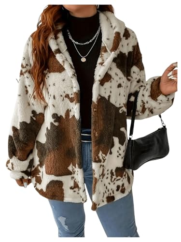 SOLY HUX Women's Plus Size Fleece Jacket Cow Print Button Down Hoodies Long Sleeve Fuzzy Winter Coat Outerwear Multicoloured Cow X-Large Plus