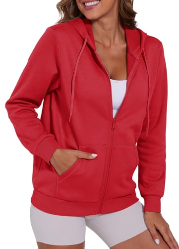 SMENG Red Hoodie Women Zip Up Comfy Winter Sweatshirt for Women Hooded Sweater Full Zip Hoodies Fleece M