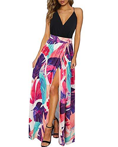 Newshows Womens' Summer 2025 Plus Size Spaghetti Strap Sleeveless Casuales Split Spring Clothes Tropical Laua Party Long Flowy Maxi Flowy Dress(Black Floral Purple, S)