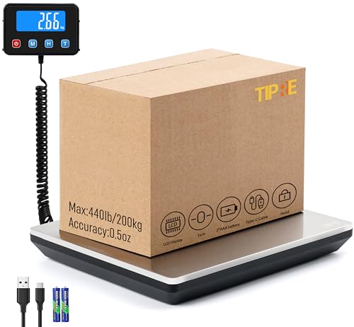 TIPRE Digital Shipping Postal Scale 0.5 oz High Accuracy！440lb Commercial Weight Scale for Package, Small Business, Mail, Warehouse, Home, Battery & Charging Cable Included