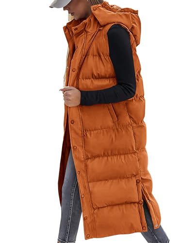 BTFBM Long Puffer Vest Women Quilted Hooded Button Down Zip Up Sleeveless Vests Outerwear Padded Jacket Fall Winter Coat(Orange, Medium)