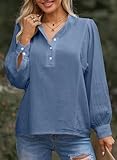 Astylish Womens Shirt 2024 Lantern Sleeve Button Comfortable Cotton V-Neck Oversized Chic Blouses and Tops Dressy Blue Medium