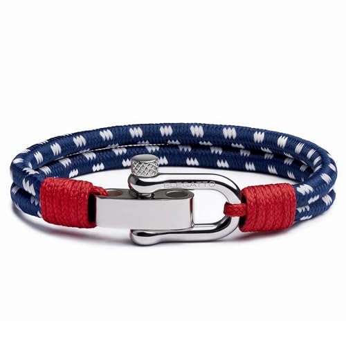 Elegatto Duetto Platinum Rope Bracelet for Men | Double Nautical Nylon Cord with Silver Polished Stainless Steel Shackle Clasp | Waterproof and Fade-Resistant | Nautical Navy Medium