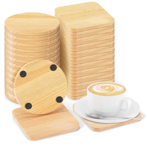 48 Pieces Unfinished Wood Coaster for Crafts, 24Square 24Round Wooden Coasters for Drinks Coffee Table with Non-Slip Pad Engraving Cup Coasters for DIY Stained Painting Coffee Home Kitchen, 4 Inch