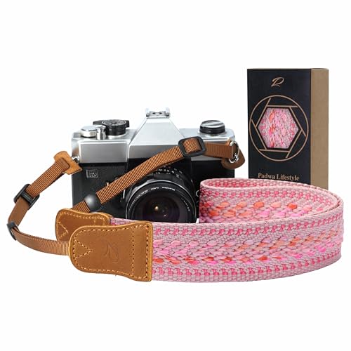 Padwa Lifestyle Speed Pink Camera Strap - 1.5" Soft Cotton Rope Weave Crazy Horse Cowhide Head Camera Straps for Photographers and All Cameras,Cute Adjustable Vintage Woven Strap for Adults & Kids