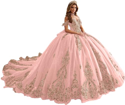 YuVanty Gold Appliques Quinceanera Dresses Gold and Blush Pink Sparkly Diamonds Ball Gown with Tail Shiny Beaded 15 Dresses for Quinceanera Spaghetti Straps Sweet 16 Dress 4