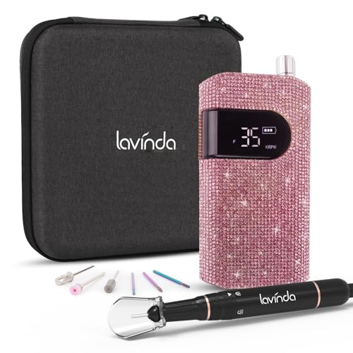 Professional Nail Drill Machine, Lavinda 35000RPM Electric Nail File for Acrylic Gel Nails, Cordless Portable Nail Drill Kit with Coreless Motor, Manicure Pedicure Shape Tools (Diamond, Pink)