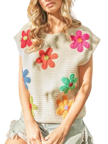 Joiemont Womens Crochet Flower Embroidery Knit Top Sleeveless Round Neck Knit Sweater(0582-White-S)