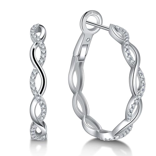 Ladylike Moissanite Huggie Hoop Earrings for Women 925 Sterling Silver with 18K White Gold Plated Twisted Thick Round Loops Hypoallergenic and Lightweight Earrings 30MM