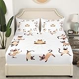 Feelyou Yoga Cat Fitted Sheet Siamese Cats Bedding Set for Kids Boys Girls Teens Cute Pet Decor Cartoon Animals Bed Sheet Set Magical Animal Bed Cover 3Pcs Queen Size