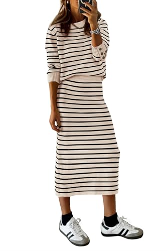PRETTYGARDEN 2 Piece Skirts Sets For Women Fall Fashion 2025 Striped Sweater Dress Knit Lounge Travel Outfits Winter Clothing (Apricot Stripe,Medium)