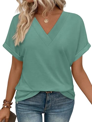 WIHOLL Womens Tops Tunic Plus Size 2025 Summer Spring Trendy Short Sleeve Shirts V Neck Flowy Blouses Green 2XL