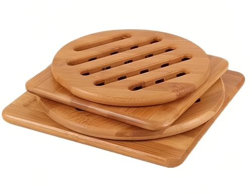 Alfto Hot Pads Trivet,Table Solid Bamboo Wood Trivets for Hot Dishes and Pot with Non-Slip Pads Heat Resistant Pads Teapot Trivet 4pcs(Multi Size,2 Square 2 Round)