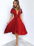 miduo Womens Midi Dresses Satin Wrap Tie V Neck Short Sleeve High Waist Skater A Line Wedding Party Maxi Midi Dresses for New Year Red L