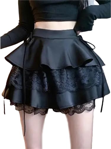 Women's Ruffled Mini Skirt Summer High Waist Strap Double Layer Skirt Korean Style Lace Sexy Skirt Black