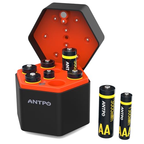 ANTPO Rechargeable 6 AA and 2 AAA Batteries Lithium with Fast Charger,8 Pack 1.5V Rechargeable Lithium Batteries, Long Lasting Battery with Integrated Charging Storage Box (6 AAA+2AA)