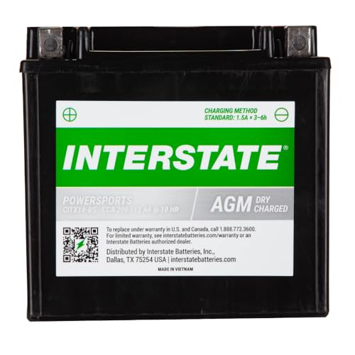 Interstate Batteries YTX14-BS 12V 12Ah Powersports Battery 200CCA AGM Rechargeable Replacement for Motorcycles, ATVs, UTVs, Scooters, Snowmobiles (CITX14-BS)