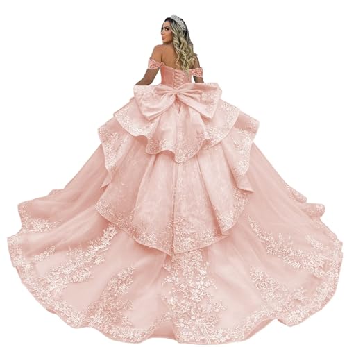 Zhangyo Beaded Princess Tulle Quinceanera Dresses Ball Gown for Women Blush Pink Off The Shoulder Layered Lace Prom Dresses Sweet 15 16 Dresses Birthday Party Gowns Size 0