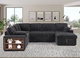 ERYE Oversized U-Shaped Sleeper Sectional Sofa Pull Out Sleep Couch Bed, Modern Living Room Corner Convertible Sofabed Comfy Plush Corduroy Sofa&Couch with Storage Chaise, Open Cabinet and Pillows