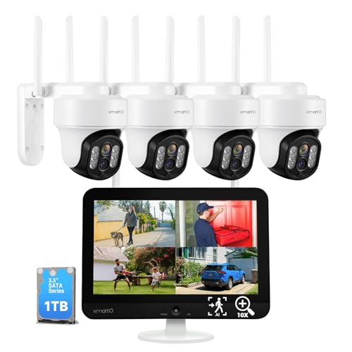 [WiFi 6 & 10X Zoom] XMARTO Wireless PTZ Security Camera System Outdoor with 10X Zoom and AI Auto Tracking, 6MP Dual-Lens Cameras, 12" LCD Monitor NVR/DVR and 1TB HDD Included