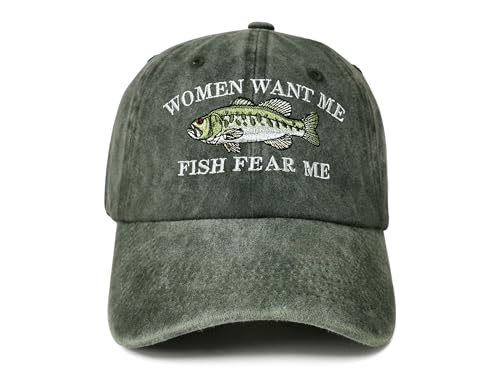 Enodtter Women Want Me Fish Fear Me Hat Trout, Fishing Gifts, Embroidered Army Green Baseball Cap for Men, Adjustable Cotton Dad Hat