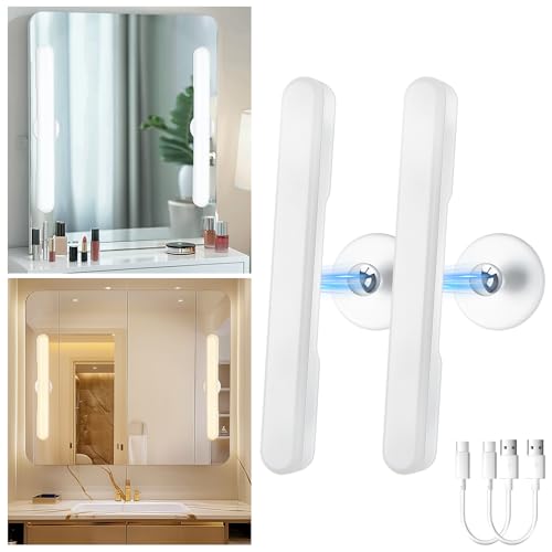Set of 2 Wireless Vanity Makeup Lights for Mirror, Rechargeable LED Stick On Light Bar for Bathroom Mirror with 3 Color Temp&Adjustable Brightness, Long Battery Life Cordless Light for Vanity Desk