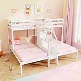 Giantex Twin Over Twin & Twin Bunk Bed, Triple Bunk Beds with 4-Step Storage Stair, Guardrail & Solid Wood Structure, Wooden 3 Bunk Beds for Kids Teens, No Box Spring Needed, White