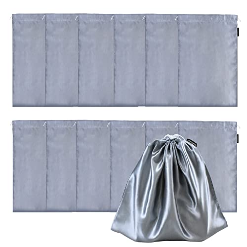 GONGKANGYUAN 12 Pcs Satin Wig Bags with Drawstring Satin Bag for Packaging Hair Extensions Wigs Soft Silk Pouches Hair Tools Storage Bags for Home and Salon (Grey)