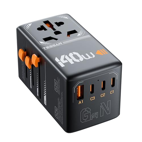 TESSAN 140W GaN Universal Travel Adapter, International Plug Adaptor with 3 USB C and 1 USB A Charging Ports, Worldwide Power Outlet for US to Europe UK AUS Ireland(Type C/G/A/I), Black
