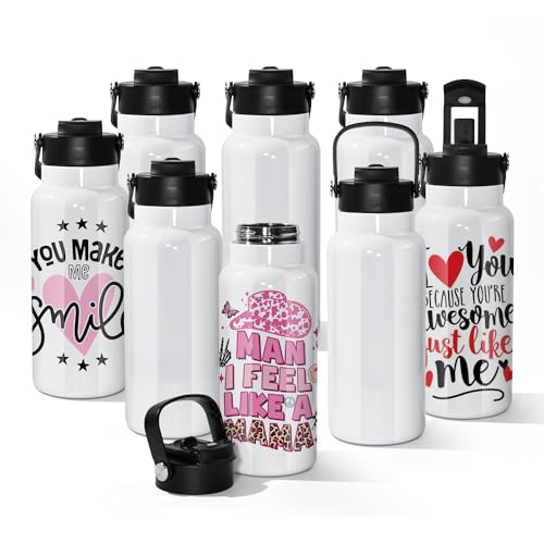 AGH 32 oz Sublimation Water Bottle Blanks, 8 Pack Double Wall Vacuum Flask Stainless Steel Sublimation Tumbler blank Sports Wide Mouth Water Bottle with Straw and Portable Handle