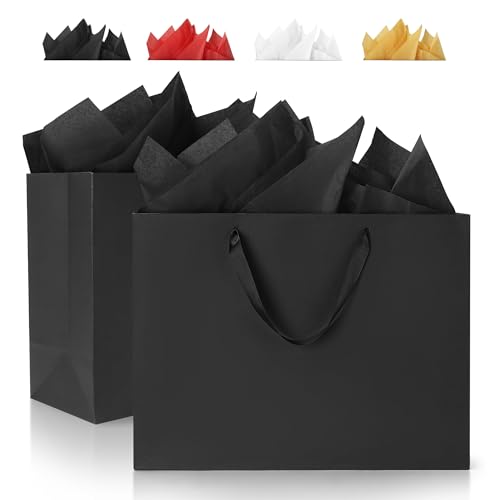 Argivean Extra Large Black Gift Bags: 2pcs 16x6x12 Inch Gift Bags With Handle For Birthday Wedding Party Business (With Black Tissue Paper)