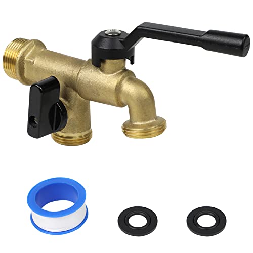 Outdoor Double Taps Water Faucet, Wall Mounted Garden Two 3/4 inch Brass Ball Valves Water Tap Splitter, Frost-Proof Outside Spigot Replacement with 2 Outlets for Home, Balcony, Hose Connector