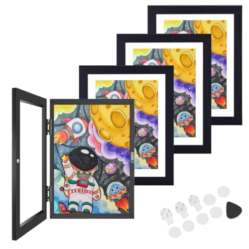 Jevuoyee [4 Packs] Kids Artwork Frames Changeable, 10"x12.5" Kids Art Frame Front Opening Holds 150, Children Art Projects for Artwork Display, Children Storage Frame (Black)