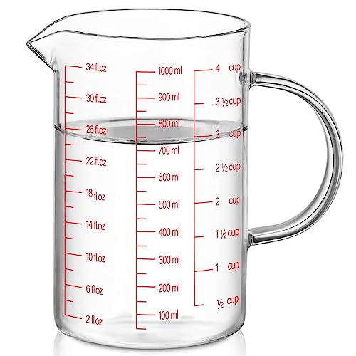 Luvan 34OZ/1000ML Glass Measuring Cup, 4 Cup Glass Measuring Cups With 3 Scales (Ml/Oz/Cup), High Borosilicate Measuring Cup With Handle and V-Shaped Spout, Dishwasher/Freezer/Microwave Safe
