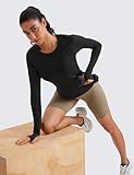 CRZ YOGA Womens Seamless Workout Long Sleeve Shirts Quick Dry Gym Athletic Tops Breathable Running Yoga T-Shirts Black Small