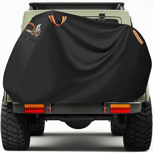 Puroma Bike Cover for Transport on Rack, 600D Waterproof Outdoor Storage Bicycle Covers for 2 Bikes on Rear Bike Rack, Heavy Duty Rain Sun UV Dust Wind Proof with Lock Hole for Car Hitch Travel